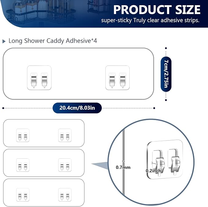 9-Pack Shower Caddy Adhesive Replacement, Transparent Adhesive Hooks Stickers, Strong Hook Strip for Shower Caddy Basket Shelf, Soap Holder, Bathroom Storage Corner Shelves, Kitchen Racks - Image 4