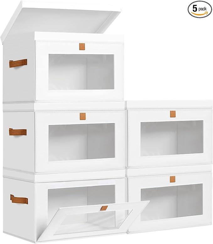 DIMJ Storage Bins with Lids - 5 Pack Large Fabric Closet Organizer with Window & Handles, Collapsible Decorative Storage Boxes for Shelves Under Bed, Books Clothes Blankets Sweaters Organization by DiMJ