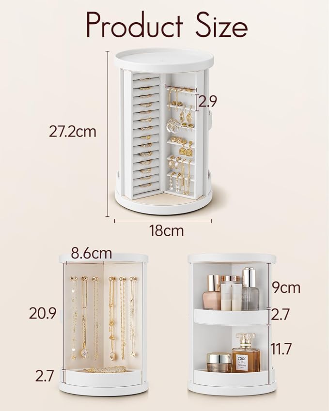 VLANDO 360°Rotating Jewelry Box,Earring Organizer Large Vertical Jewelry Organizer with 6 Necklace Hooks, Open Ring Display Storage for Women -White - Image 5