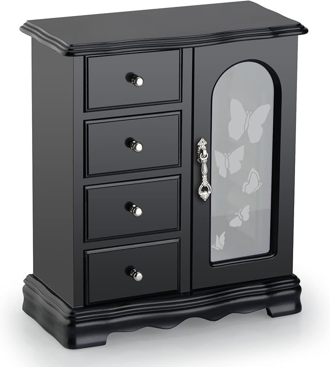 RR ROUND RICH DESIGN Jewelry Box - Made of Solid Wood with 4 Drawers Organizer and Built-in Necklace Carousel and Large Mirror Black - Image 2