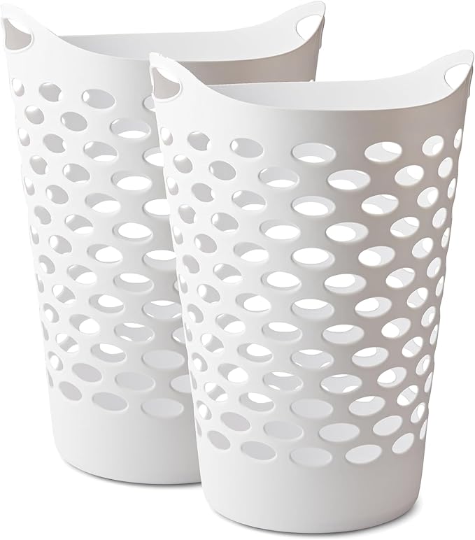 2 BUSHEL Flexible Laundry Basket,Tall plastic hamper for Clothes, Bedroom, and Storage - Portable Round Bin with Carry Handles 17.75" x 17.25" x 26", White (2) by Unknown