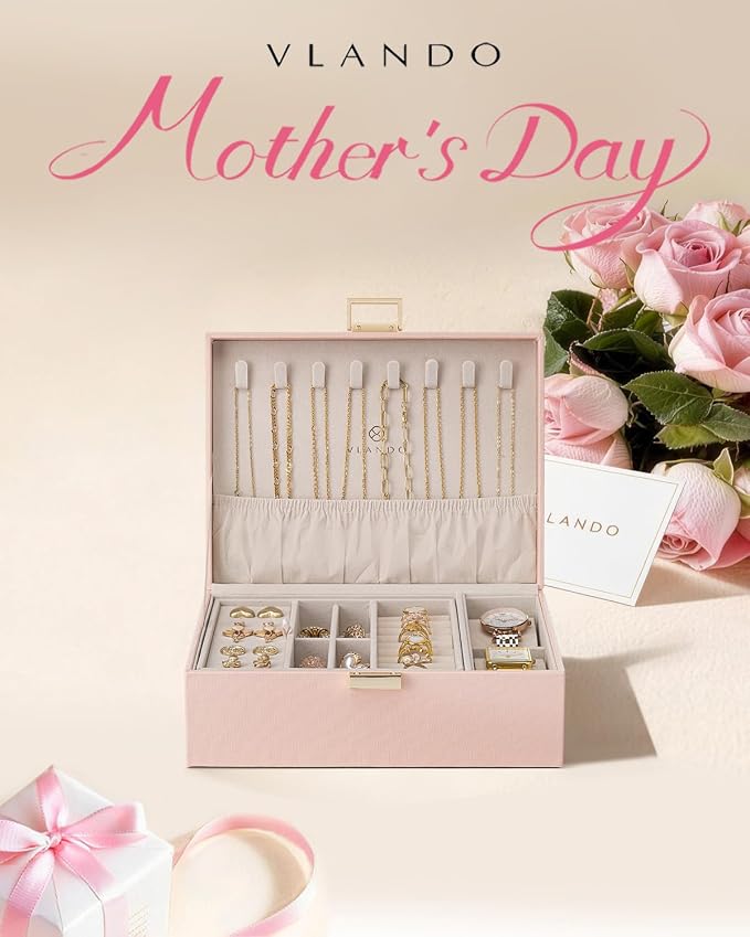 VLANDO 2 Layer Jewelry Box Large Jewelry Organizer for Mothers Day Mom Gifts Jewelery Tray with Watch Pillow for Necklace Earrings Rings Bracelets Jewelry Boxes for Holidays Gifts (Pink) - Image 2