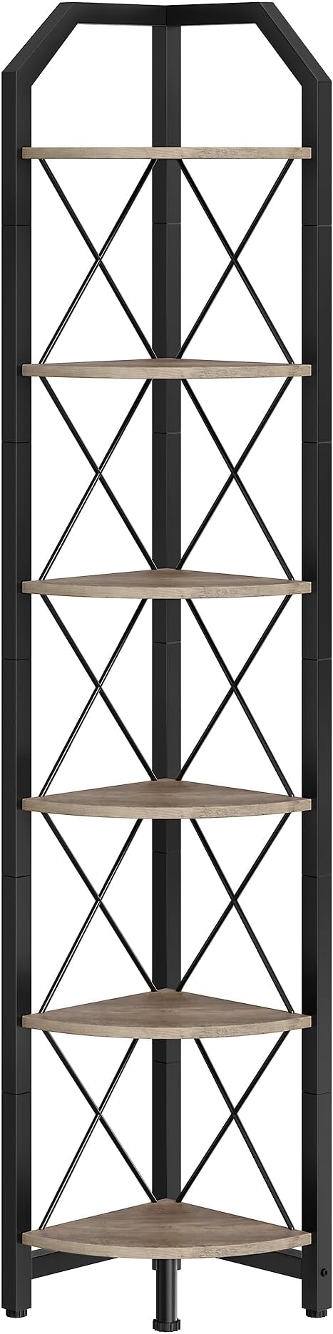 CHOEZON 6-Tier Corner Shelf, Industrial Corner Bookshelf, 71.2" Corner Storage Stand, Plant Stand Display Shelf, Corner Bookcase for Bedroom, Living Room, Home Office, Greige and Black TCJ11BG - Image 9