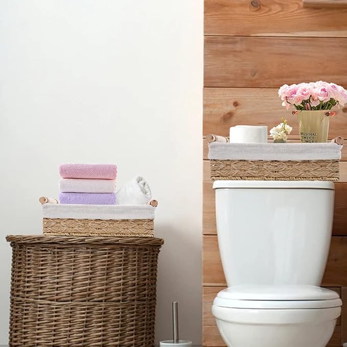 Round Paper Rope Storage Basket, Wicker Baskets for Organizing with Handle, Decorative Bins for Countertop, Toilet Paper Basket for Toilet Tank Top, Small Baskets Set (Set of 2,Beige) - Image 3