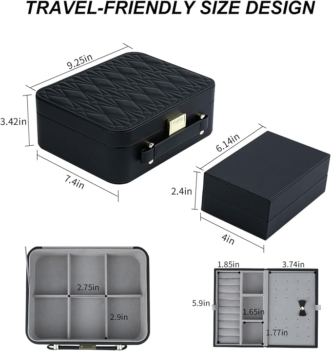 Travel Jewelry Box Jewelry Storage Case Jewelry Suitcase for Women and Men 2 Layer Jewelry Organizer Box with Removable Tray (Black) - Image 4