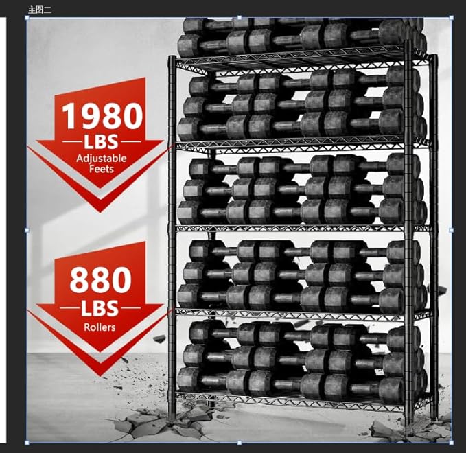 REIBII Storage Shelves Load 1980LBS,5 Tier Metal Shelving Unit with Wheels,Adjustable Wire Shelving Metal Storage Shelves Commercial Shelf for Garage Pantry Kitchen,76''HX36''WX16''D Black - Image 5
