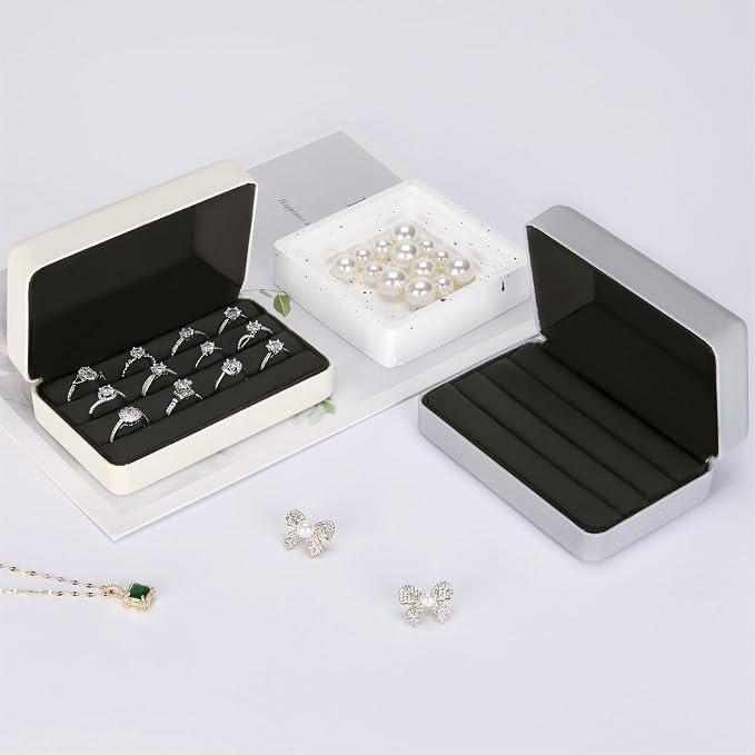 KUKUVR Velet Ring Storage Box for Multiple Rings, Travel Jewelry Stud Earrings Holder Case, 3 Slot Portable Ring Display Organizer Case (Silver) - Image 6