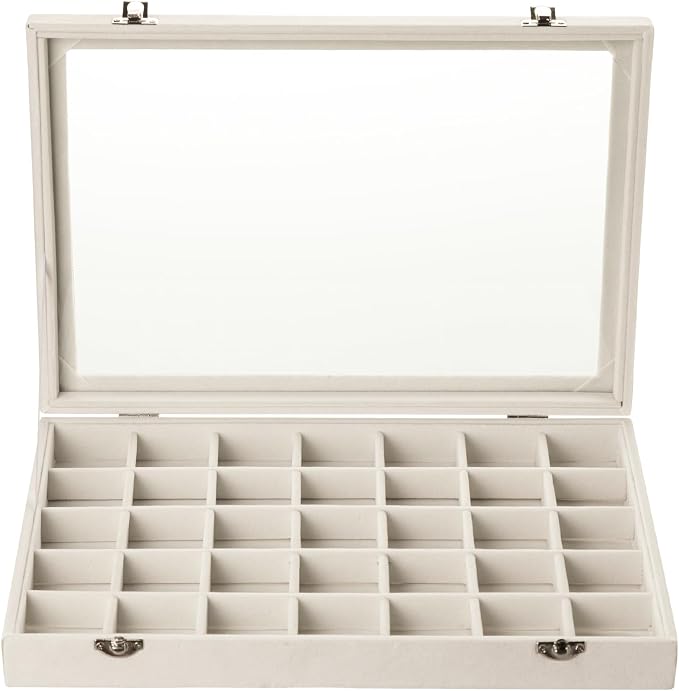 Frebeauty Velvet Jewelry Tray,35 Grid Jewelry Organizer with Clear Lid,Earring Holder Organizer Case with Clasp,Drawer Insert for Rings Studs,13.8 x 9.5 x 2 Inches,Gift for Women Girls(Beige) - Image 2