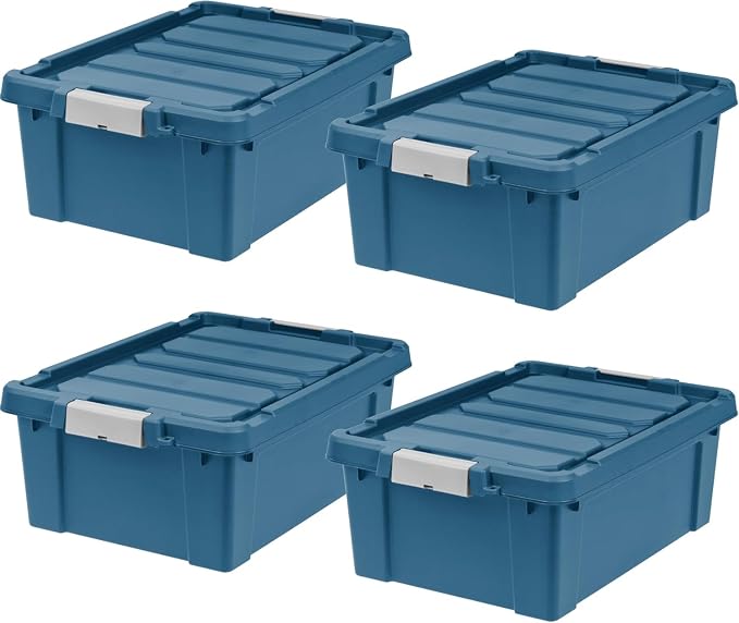 IRIS USA 12 Gallon Eco-Friendly Lockable Storage Bins with Lids, 4 Pack - Made in USA, Heavy Duty, Stackable Containers, Garage Organizing Bins Moving Tubs, Rugged Sturdy Equipment Utility Box - Navy by IRISUSA