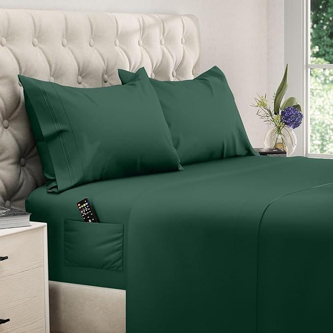DREAMCARE Queen Size Sheets - Cooling Bed Sheets - 4pcs Set - up to 15" Deep Pocket Queen Sheet Set - Sheets Queen Size Bed - Soft & Long Lasting 100% Fine Microfiber with Side Pocket - Emerald Green