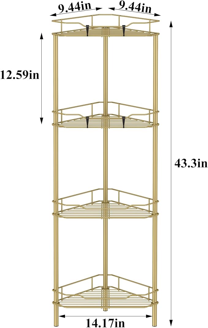 HuggieGems 4 Tier Floor Standing Corner Shower Caddy Organizer Shelf with Hooks, Bathroom Shelves Stand Rack, Gold - Image 7