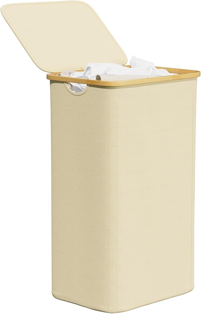 SpaceAid Laundry Hamper with Lid, 110L Large Tall Clothes Basket Bin with Bamboo Handles, Collapsible Laundry Hamper for Bedroom, Bathroom, Dorm, Laundry Room - Beige by SpaceAid