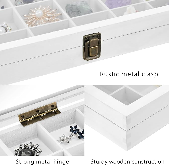 MOOCA Wooden Display Storage Case with Tempered Glass Lid for Jewelry and Beads with 18 Compartments Tray, 15 W x 8 3/8 L x 2 1/8 H in, Wash White Color - Image 5