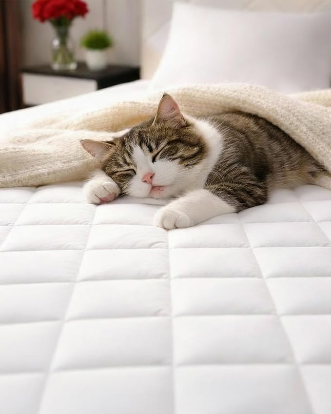 Quilted Fitted Mattress Pad Protector Full Size - Elastic Fitted Mattress Topper & Cover - Breathable, Soft, Low Profile Top Cover with 8-16 Inch Deep Pockets - Easy-Fit and Machine Washable - White