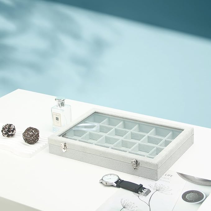 Coward Jewelry Organizer Tray Box, 24 Grids Ring Earring Chain Bracelet Necklace Jewelry Bead Display Holder Tray Case with Transparent Glass Lid for Home Drawer or Shop Selling - Image 4