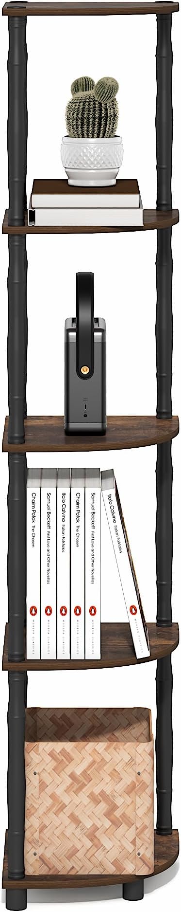Furinno Turn-N-Tube Storage Shelves, 5-Tier Corner Book Shelf, Standing Corner Shelf, Toolless Open Shelves, Classic Tubes, for Organization and Storage, Living Room, Home Office, Amber Pine - Image 5