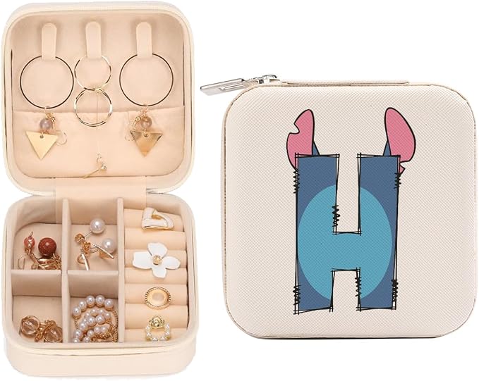 LONGXIN Cute Cartoon Gifts, Initial Travel Jewelry Case Small Jewelry Box Organizer, Personalized Gifts for Women Teen Girls, Birthday Christmas Gifts for Cartoon Lovers, Letter H by LONGXIN