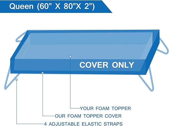 Mattress Topper Cover Queen Size (Only Cover) 3 Inch Mattress Protector Cooling Rayon Zippered Mattress Encasement with Adjustable Straps for Latex Mattress Topper Memory Foam Cover