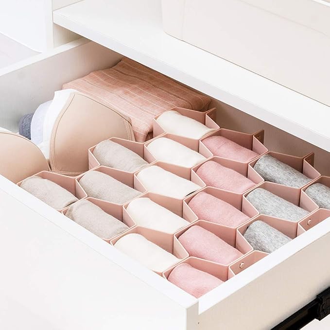 Poeland Drawer Divider Organizer Adjustable DIY Grid Honeycomb Drawer Divider for Underwear Belt Scarf Socks Pink - Image 2