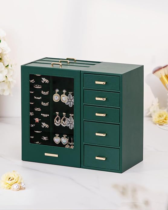 Homde Large Jewelry Box/Organizer/Case with Glass Window, Drawers for Necklaces Earrings Rings Bracelets Watches Gift for Women Girls - Image 8