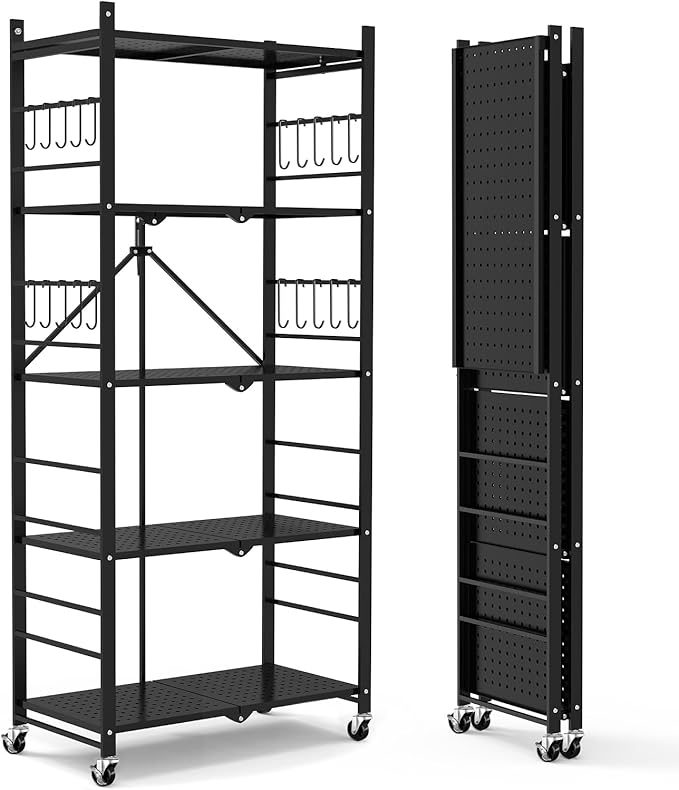 Himix Storage Shelves with 20 Hooks, 5-Tier Collapsible Organization Storage Rack Bookshelf Folding Pantry Shelves Cube Shelf Wire Shelving Holds 440 Ibs for Garage Kitchen Room, Black by Himix