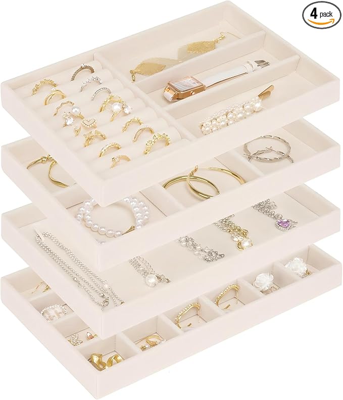Cirhy Velvet Jewelry Drawer Organizer Trays – Stackable Jewelry Trays for Drawers, Set of 4 Jewelry Organizer for Drawer Inserts, Display Storage Box for Earrings, Rings, Necklaces, Bracelets by Cirhy