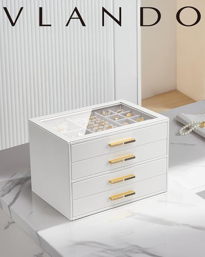 VLANDO Jewelry Box for Women, Glass Lid Jewelry Organizer with 4 Drawers for Necklaces Rings Earrings Bracelets Christmas Gift - White - Image 7