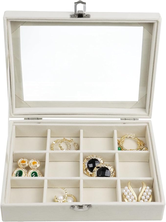 Fordonral Velvet Jewelry Organizer Box, Jewelry Drawer Organizers Trays, Earring Ring Necklace Holder Display Case (Beige, 12 Grid Box) - Image 8