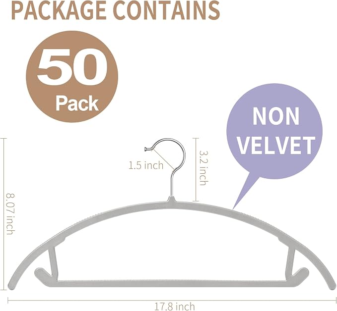 TIMMY Plastic Hangers 50 Pack No Shoulder Bump Suit Hangers Non Slip Space Saving Clothes Hangers Curved Design to Protect Clothes Shape(Grey) - Image 2