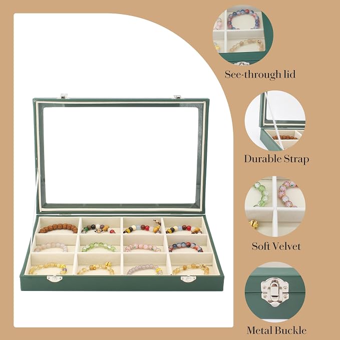 KOOAAICCHI Jewelry Tray Organizer with Clear Lid - 12 Grid Storage Display Case with Lock Earring Ring Organizer Showcase Gifts for Women-Green - Image 3