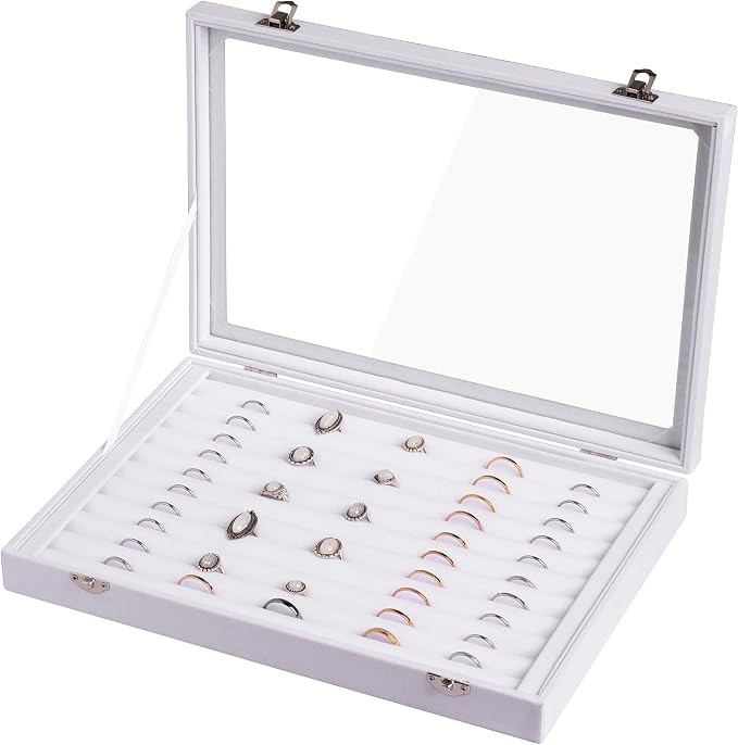 Frebeauty Rings/Earrings Organizer Tray with Clear Lid 10 Slots Velvet Drawer Insert Jewelry Storage box Transparent Glass lid Jewelry Display Case Showcase Gift for Girls Women (White, 10 Slots) by Frebeauty