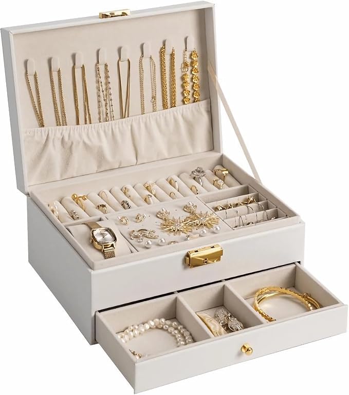 GUOER Jewelry Box for Women Girl Wife - Large PU Leather Jewelry Organizer Storage Case with Two Layers Display for Earrings Bracelets Rings Watches Mother's Day (White) by GUOER