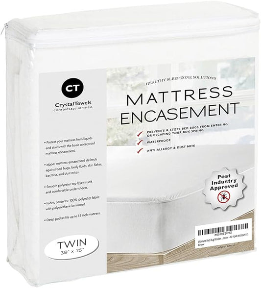 Waterproof Mattress Protector Twin Size - 6-Sided Zippered Mattress Encasement, Breathable Fabric Cover, Machine Washable, Fits Twin Mattress 39 x 75 Inches, Up to 16" Deep