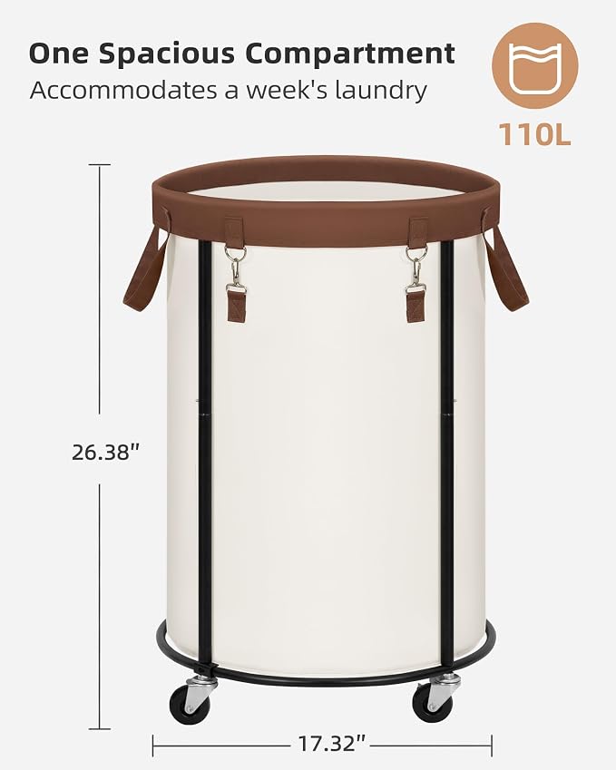 STORAGE MANIAC Rolling Laundry Hamper with Wheels 110L Laundry Basket, Round Laundry Cart with Metal Frame and Removable Bag, Clothes Hamper for Bedroom, Bathroom, Dorm Room, Laundry Room, Beige - Image 2