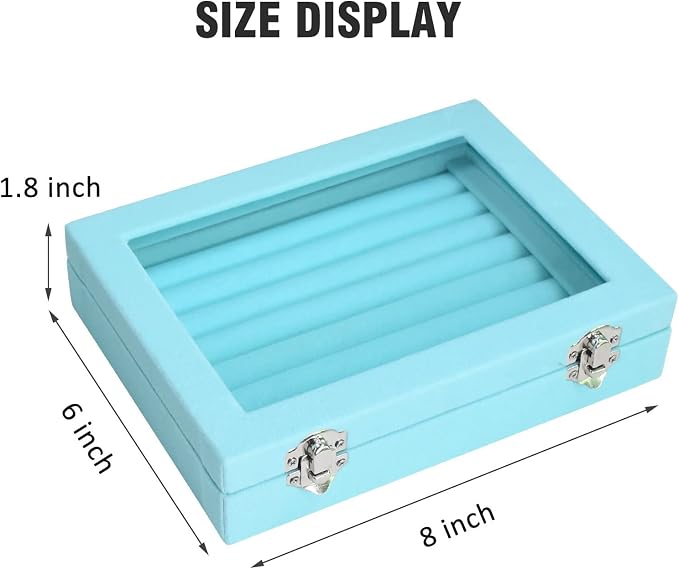 Vicoter Rings Organizer Tray 7 Slots Velvet Jewelry Earring Storage Box with Transparent lid Jewelry Display Case for Girls Wife Mom Women (Light Blue) - Image 2