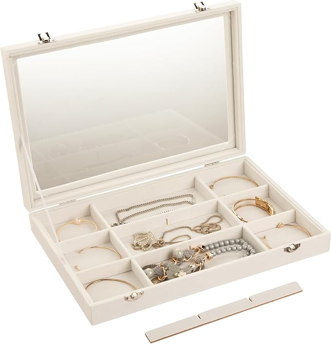 Frebeauty Velvet Jewelry Tray,12 Grid Jewelry Organizer with Clear Lid,Bracelets Holder,Jewelry Display Case with Clasp,Drawer Insert Bangle Brooch,13.8 x 9.5 x 2 Inches,Gift for Women Girls(Beige) - Image 5