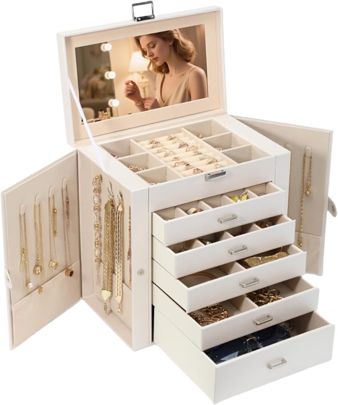 BOOVO Jewelry Box For women, 6 Layer Large Jewelry Organizer With Mirror, Multi-Function Storage Box With Lock, Accessory Holder With 5 Drawers, For Earrings Necklace Ring Bracelet (Pearl White) by BOOVO