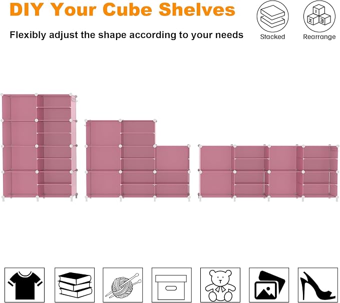 AWTATOS Closet Organizer 8 Cube Storage Shelves Clothes Organizers Closet Storage Stackable Cubby Shelving for Closet Bedroom Living Room Pink - Image 5