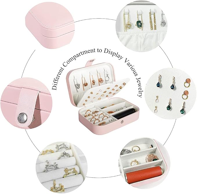 Hatori Travel Jewelry Box, PU Leather Small Jewelry Organizer for Women Girls, Portable Mini Travel Case Display Storage Holder Boxes for Stud Earrings, Rings, Necklaces, Bracelets (Pink) - Image 3