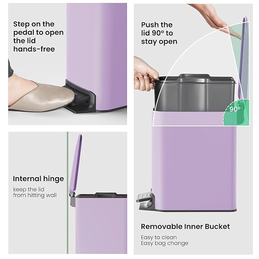Cesun Small Bathroom Trash Can with Lid Soft Close, Step Pedal, 6 Liter / 1.6 Gallon Stainless Steel Garbage Can with Removable Inner Bucket, Anti-Fingerprint Finish (Purple) - Image 5