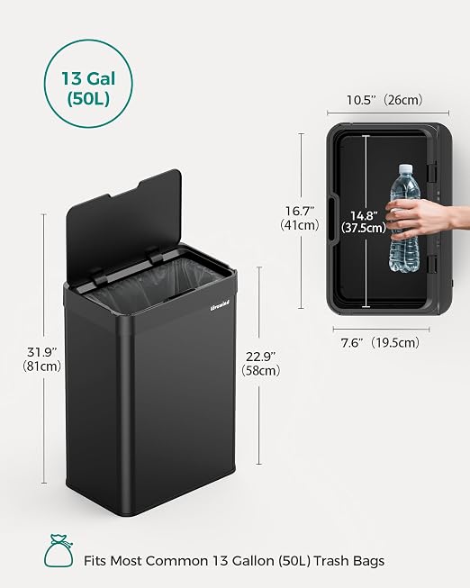Kitchen Trash Can Touchless, 13 Gallon/50 Liter Stainless Steel Automatic Motion Sensor Trash Can, Type-C Rechargeable Garbage Can with Lid, Silent Close, Touchless Trash Bin for Home Kitchen, Black - Image 8