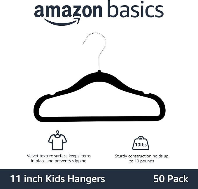 Amazon Basics Kids Space Saving Velvet Non-Slip Clothes Hangers with Shoulder Notches for Infant and Toddler, 11.6", Black, 50-Pack - Image 2
