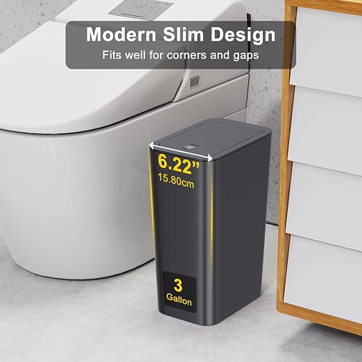 N. NETDOT 3 Pack Small Trash Can with lid, 3 Gallon Bathroom Trash Can,Garbage Can Slim Trash Bin Waste Basket for Bathroom,Kitchen,Bedroom,Living Room,Office,Laundry - Off White,Black,Grey - Image 2