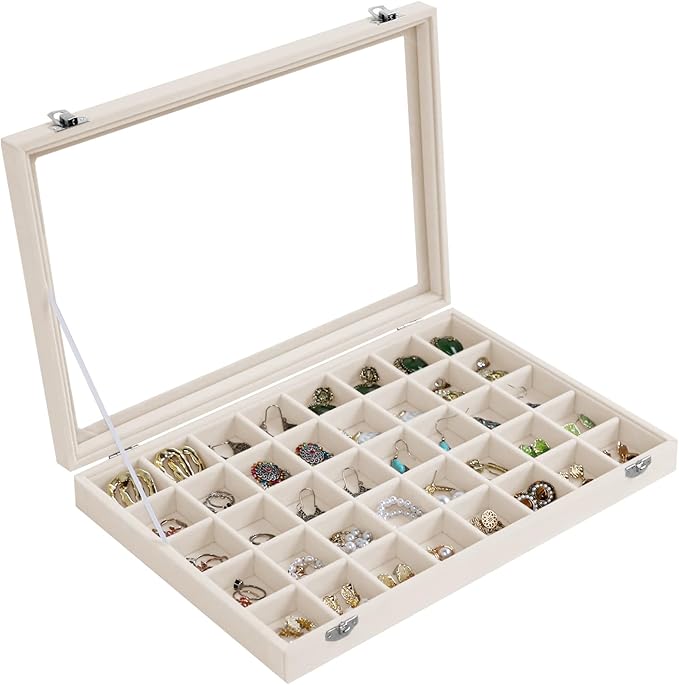 Stratalife Jewelry Organizer 40 Grid Jewelry Trays with Dust-proof Lid Velvet Earring Organizer Ring Holder Accessories Box Necklaces Earrings Storage for Women Drawers Cream by Stratalife