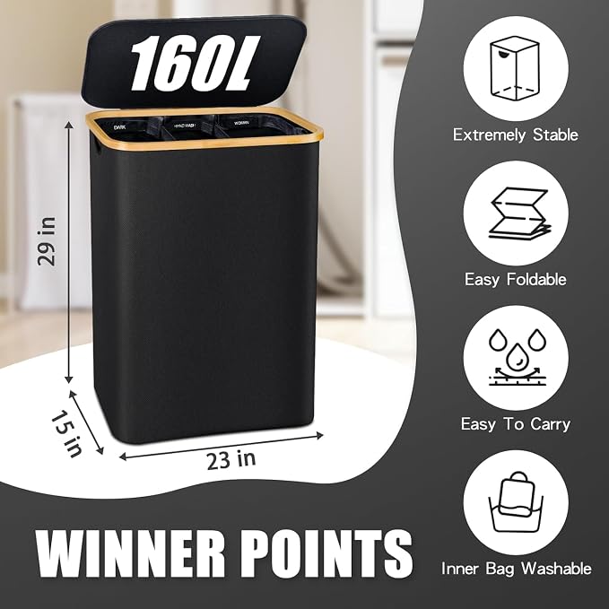 Hampers for Laundry Basket with Lid, 160L Extra Large 3 Section Clothes Divided Organizer for Bedroom, Laundry Room, Dirty Clothing Hamper, Black - Image 6