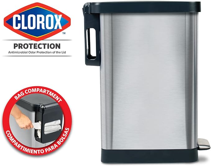 Glad Slim Trash Can with Clorox Odor Protection - Narrow Kitchen Garbage Bin with Soft Close Lid, Step On Foot Pedal and Waste Bag Roll Holder, Stainless Steel, 12 Gallon/45 Liter - Image 2