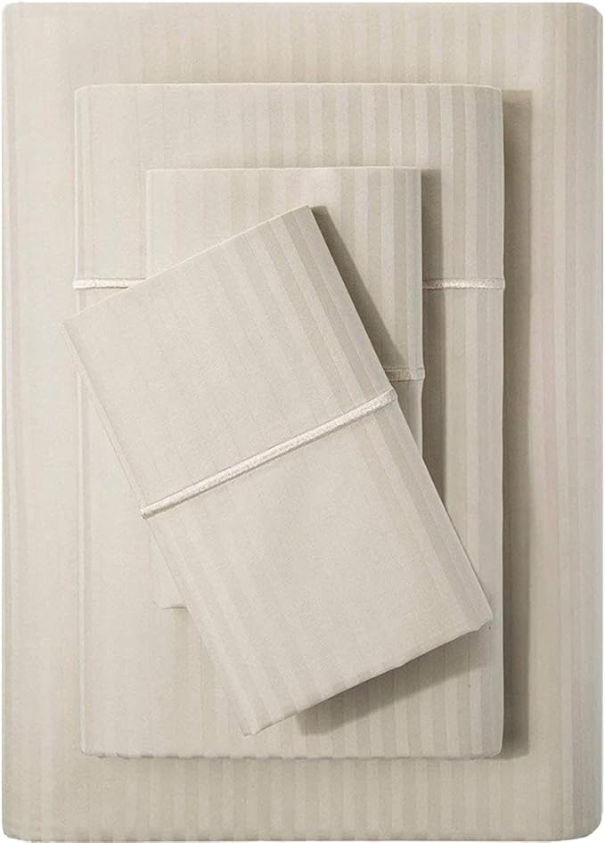 Feather & Stitch 500 TC Twin Size Damask Bed Sheet Set, 100% Cotton Soft Breathable Bedsheets, 3 Piece 18" Deep Pockets Sateen Weave Striped Bedding Mattress Resort Hotel Luxury- (Beige Stripe)