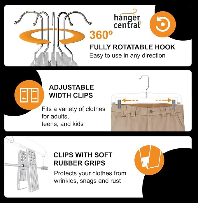 Hanger Central Premium 14 Inch Clear Pants Hangers with Adjustable Clips - 12 Pack Space-Saving Skirt Hangers - Non-Slip Heavy Duty Plastic Closet Organizers with 360° Swivel Hook - Image 8