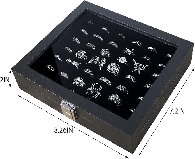 Pangkeep Ring Organizer Display Case,Black Jewelry Storage Tray Boxes for Multiple Rings,Glass Lid,Stackable. (42 Slots) - Image 6