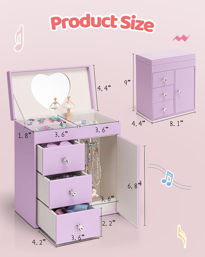 VLANDO Musical Jewelry Box for Girls, Large Kid Music Box with Ballerina for Birthday Bedroom Decor, 4 Layer Girl Jewelry Gifts for Girls Kids - Purple - Image 3
